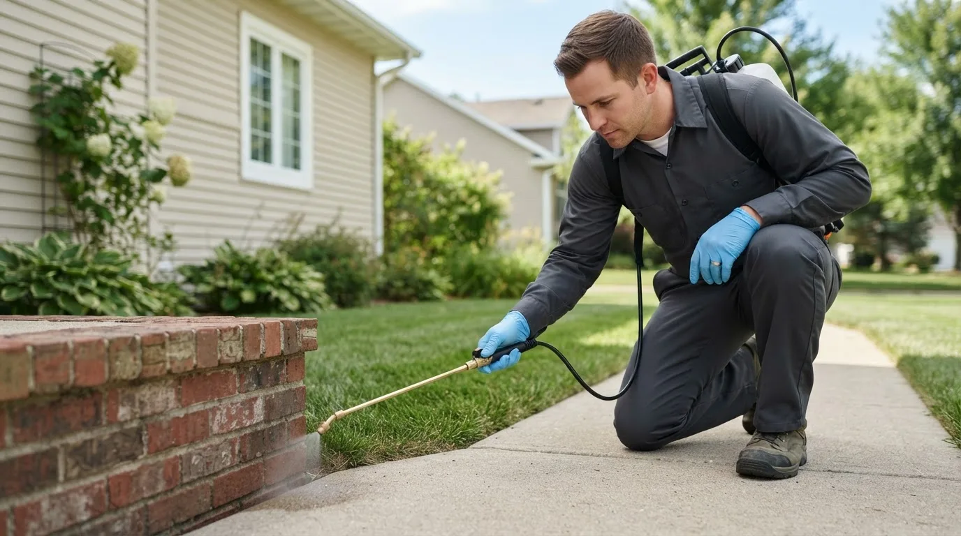 Pest control technician treating a home near Harbinger, NC